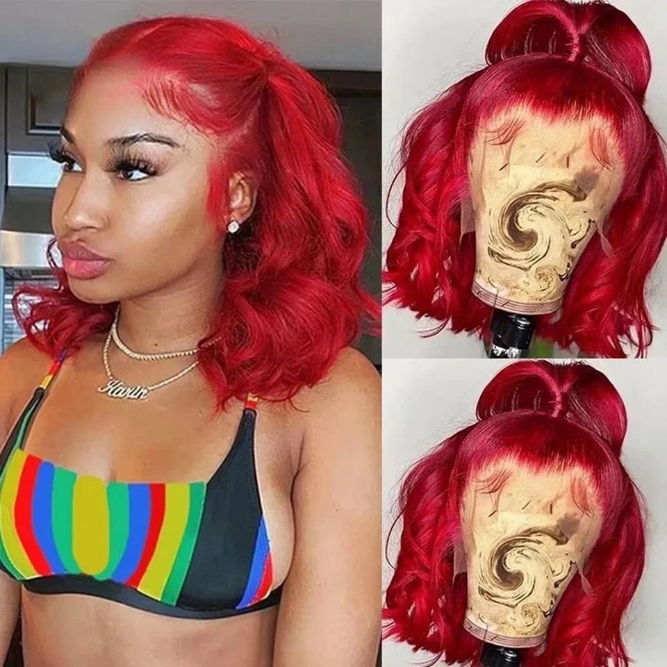 Hot Red Short Bob Wig Loose Wave Lace Front Wig 12Inch 13X4 HD Synthetic Free Part Glueless Heat Resistant Helloween Cosplay