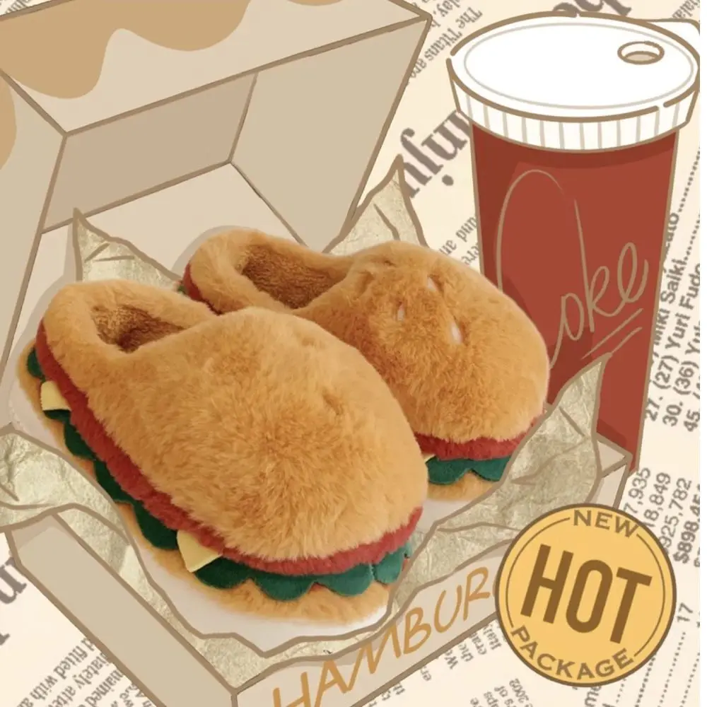 

Creative Simulation Hamburger Slippers Soft Bottom Thick Sole Plush Hamburger Slippers Non-Slip Funny 3D Hamburger Slides