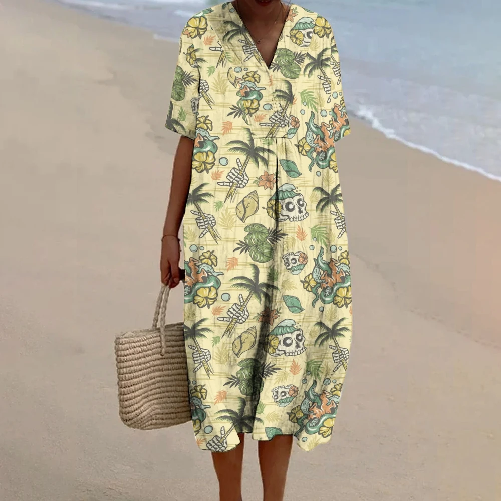 

Boho Chic Plants Skull Midi Dress Women’s Beach Summer Robes Vintage Beach Vibes Gothic Clothes Fluttery Dress Enthusiast Suit