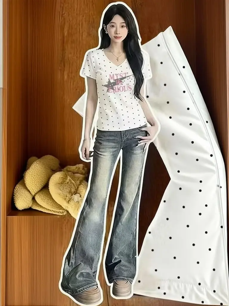 Polka Dot Y2k T Shirts Women Kawaii Sweet Girl Short Sleeve Tee Vintage Slim Fit V Neck Summer Top