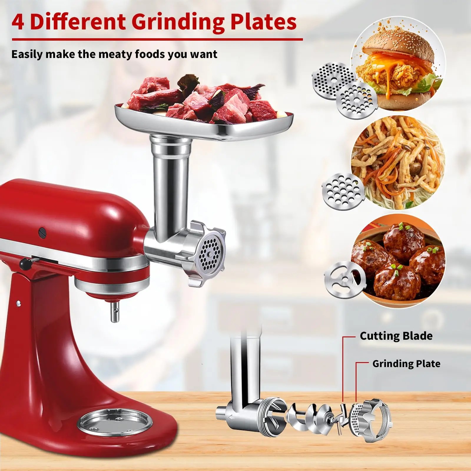 Meat Grinder & Slicer Shredder Attachments for KitchenAid Stand Mixer Metal Food Grinder with Sausage Stuffer Tubes for Kitchen