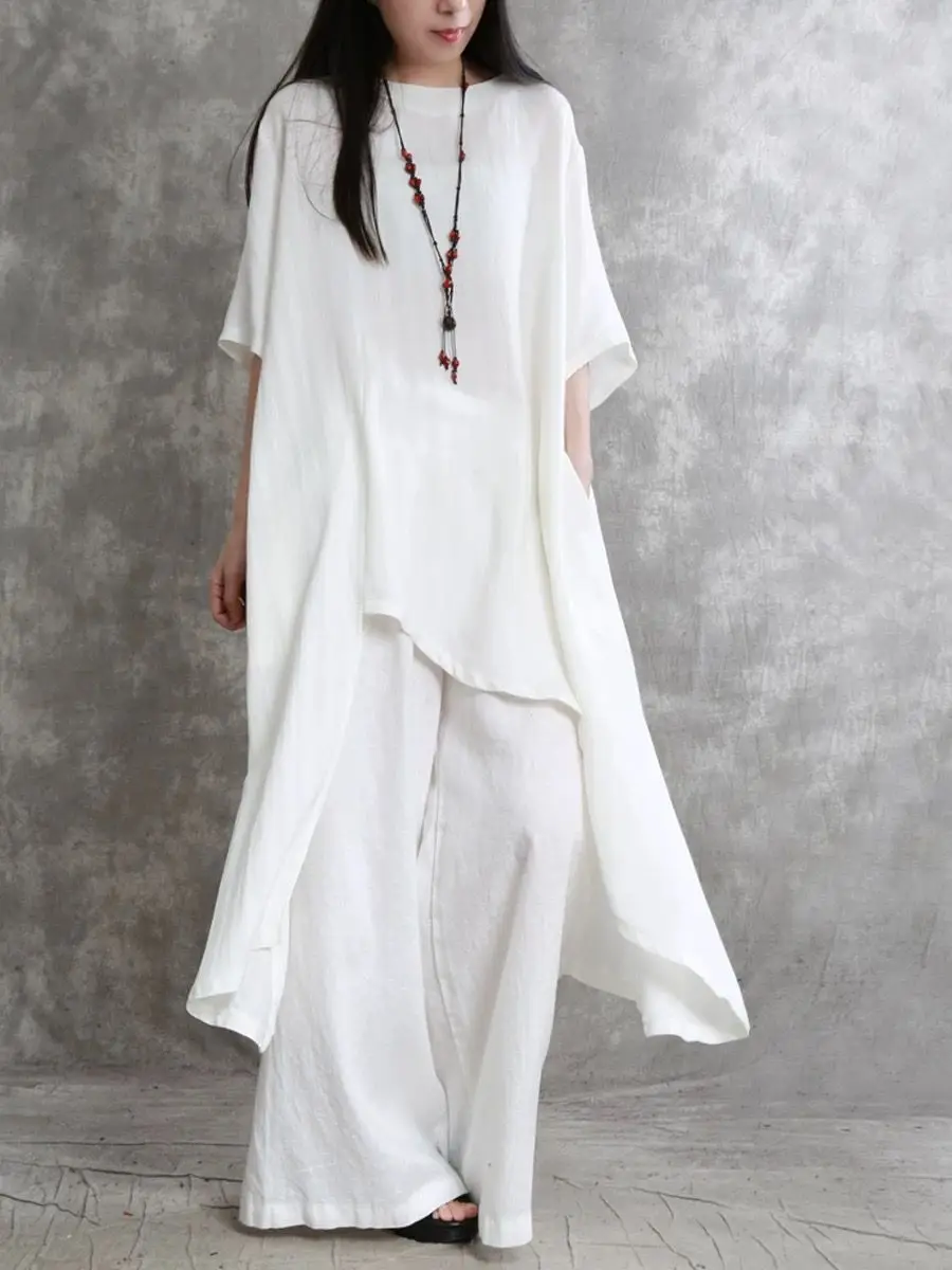 

​​Women's Linen Cotton Asymmetrical Set Long Shirt Wide Leg Pants Spring Summer Slimming Casual Versatile Outfit​​