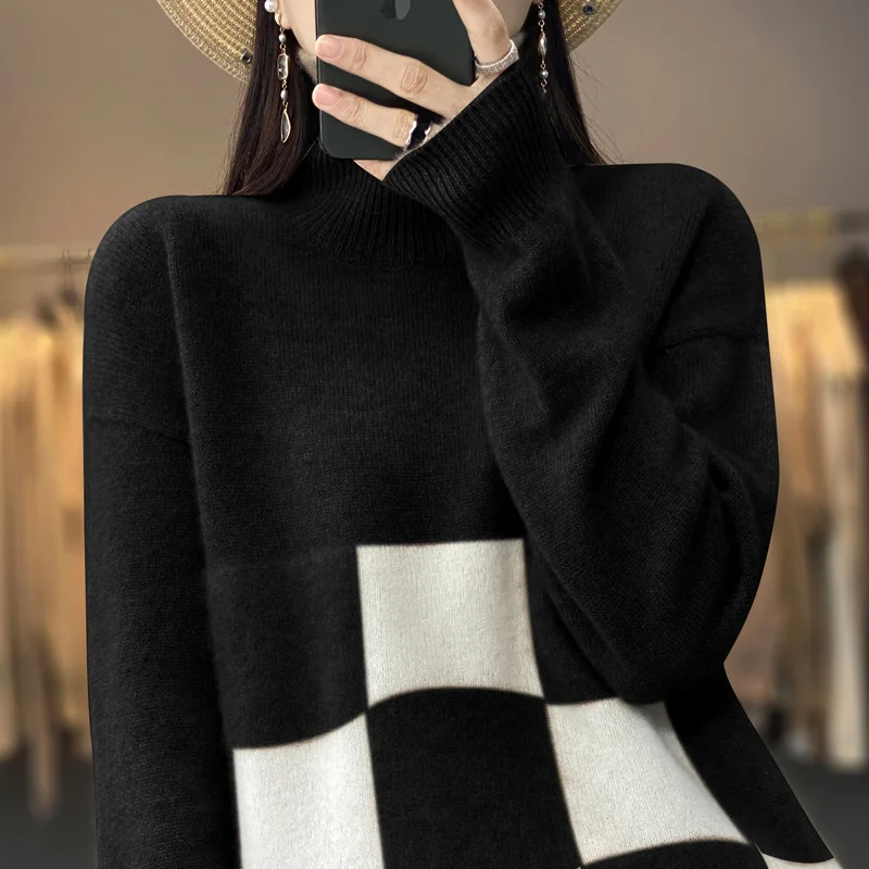 2023 Autumn And Winter New Woolen Sweater Women's High Neck Long Sleeve Pullover 100% Pure Wool Loose Panel Plaid Style Knitwear