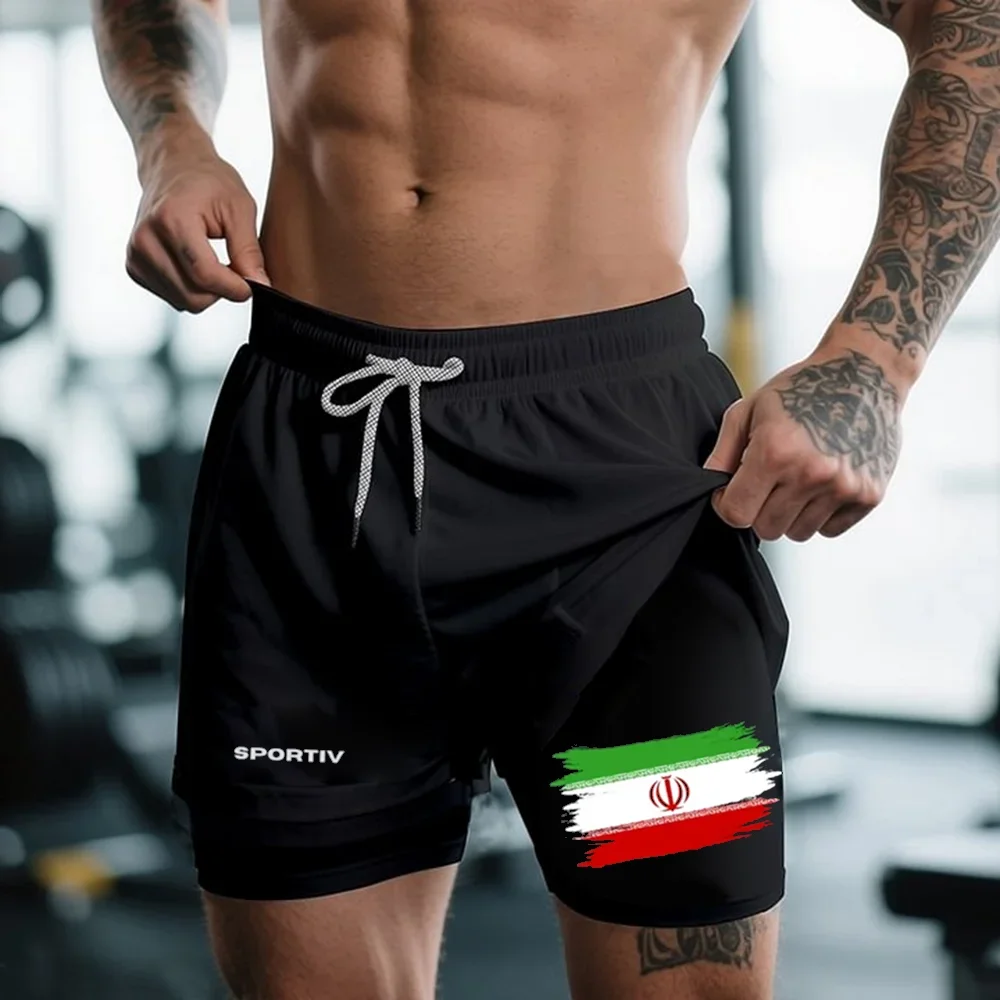 

Летние шорты с рисунком флага, мужские шорты для бега 2 в 1, компрессионные спортивные быстросохнущие пляжные брюки для спортзала с карманами, купальник