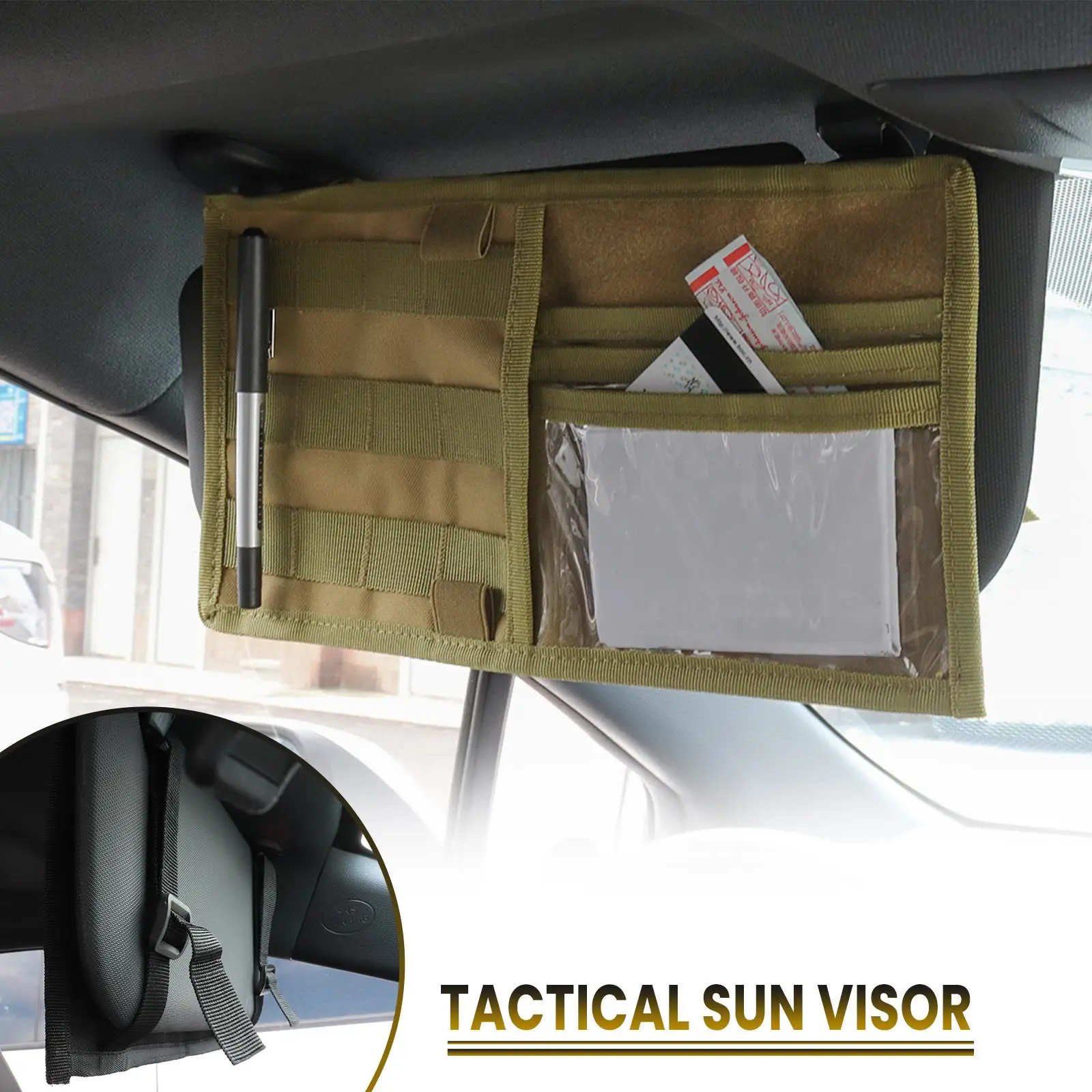 Tactical MOLLE Car Sun Visor Panel Organizer Vehicle Truck Multi-pocket CD Storage Pouch Holder Khaki&Black Bag Auto Accessories