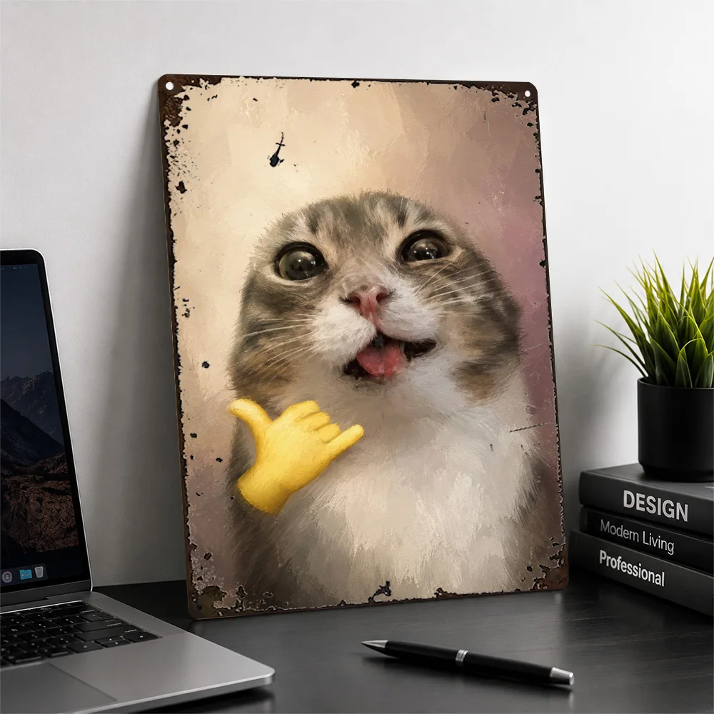 Cat Making Shaka Gesture Printed Poster Playful Cartoon Wall Art For Living Room Customized Aluminum Metal Sign Pet Lover Gift