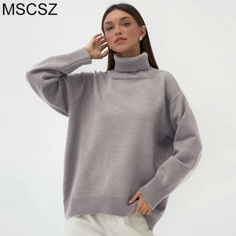 MSCSZ Winter Turtleneck Sweater Women Long Sleeve Oversized Sweater Pullover Fashion Solid Cozy Knitted Jumper Knitwear