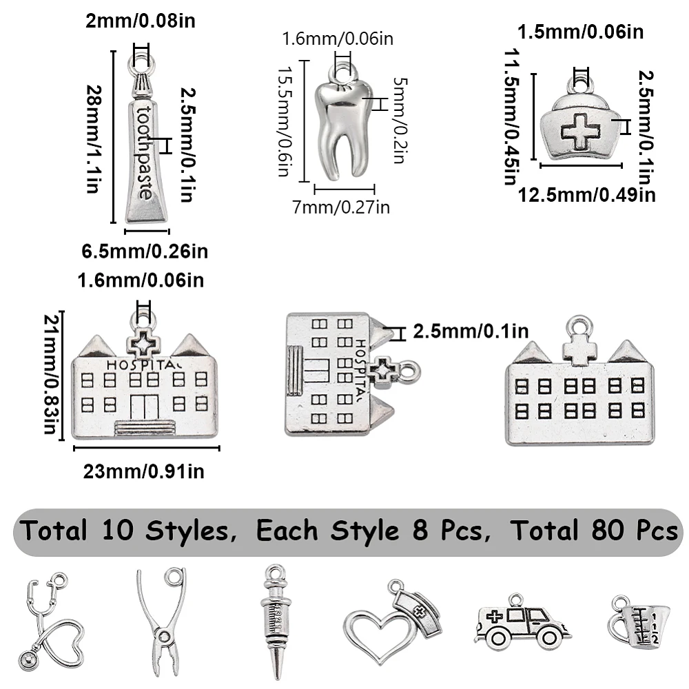 80Pcs 10 Style Tooth Charms Silver Medical Nurse Bulk Alloy Healthy Hygienist Dental Teeth Dentist for Jewelry Making