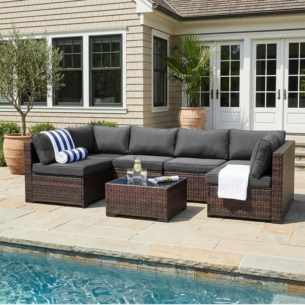 

7-Piece Weather-Resistant Rattan Patio Furniture Set with Cushions, Glass Table, and Rain Cover, Gray