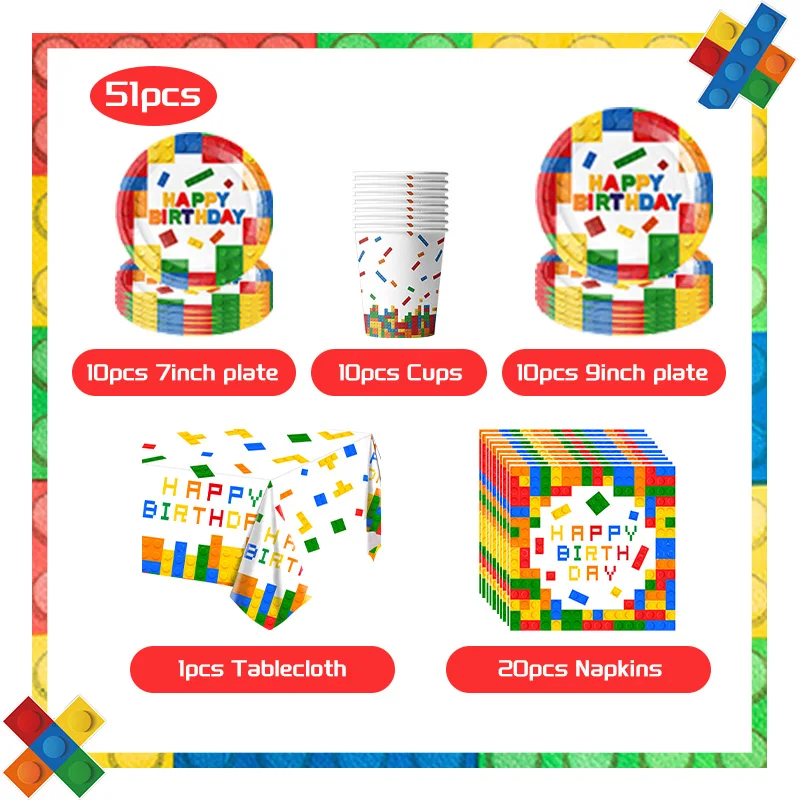 Building Block Birthday Party Decorations Cake Toppers Candy Box Paper Cup Plate Building Block Balloon For Kid Party Decoration