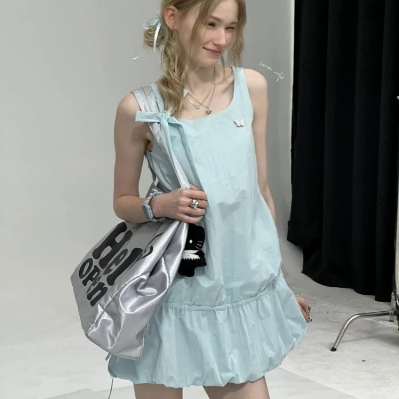 夏のアメリカンスタイルの新しいレースアップ花のつぼみ裾ブルーグリーンキャミソールベストドレス Y2K 原宿キュートで新鮮な女性のドレス