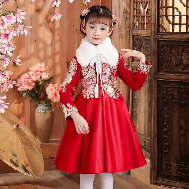 

Girl Hanfu Tang Suit Dress For Winter 2022 Chinese Style RedEmbroidery Plus Velvet Thicken Ancient Costume New Year Clothes