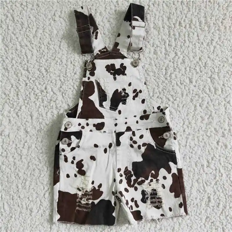 

Baby Girl Denim Cow Print Overalls Wash Summer Ripped Shortalls Kid Backless Clothing Wholesale Children Toddler Pockets Shorts