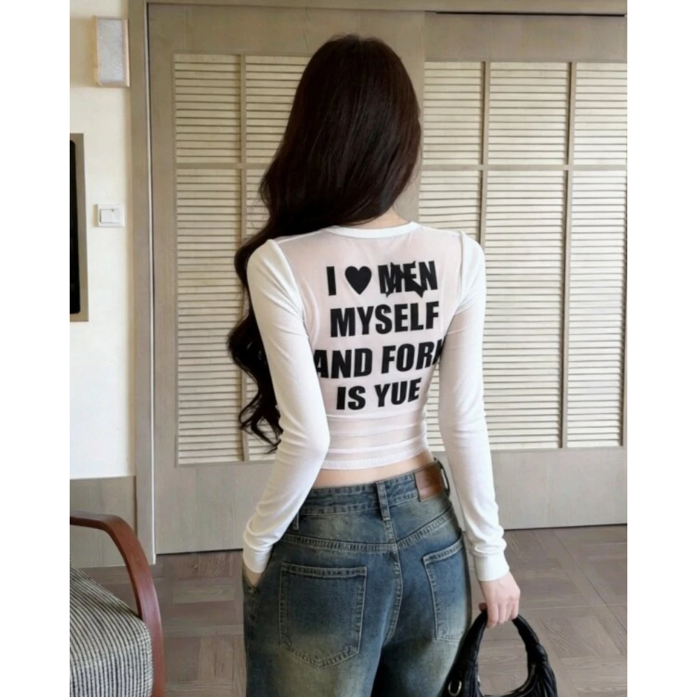 American Style Spicy Girl Short Sleeve T-Shirt with Chest Pad Breathable Mesh Heart Letter Print Slim Fit V-Neck Pullover Top