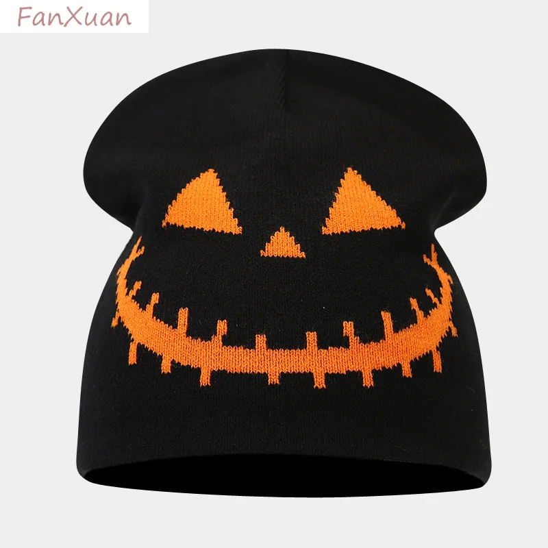 Halloween Pumpkin Knit Beanie cute black orange red funny parrten Festive Jacquard Hat cute view 6