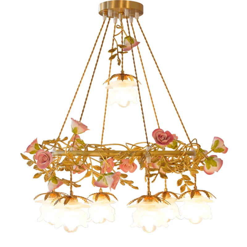 

French ceramic rose dining room bedroom all copper chandelier Japanese glass pastoral cloakroom princess room lamp
