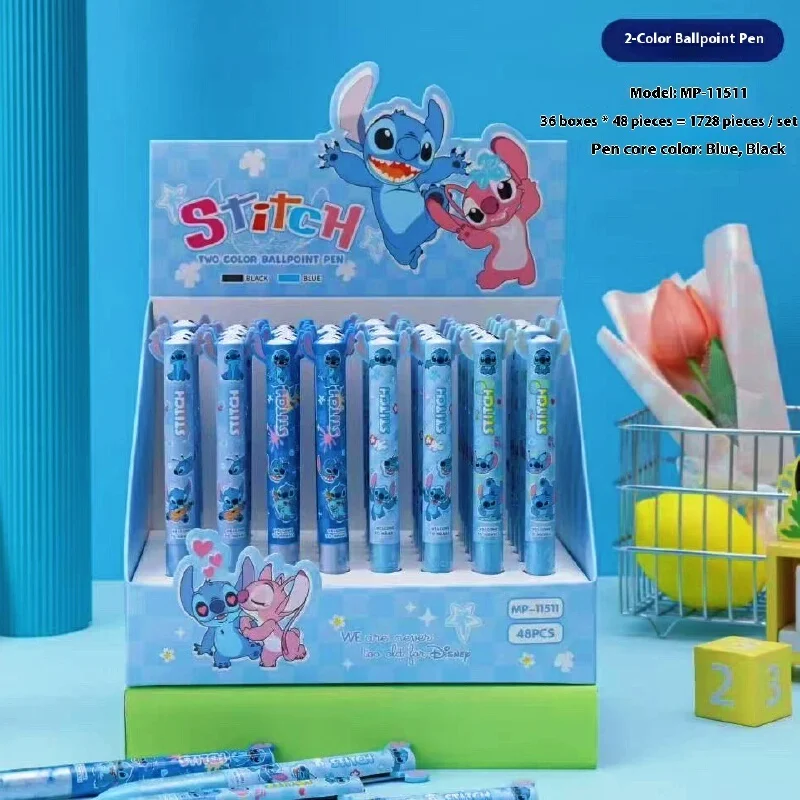 

Stitch 48pcs Two Color Ballpoint Pen Cartoon Set Disney Creative Modeling 0.7mm Black/Blue Side Press Pen Student Stationery