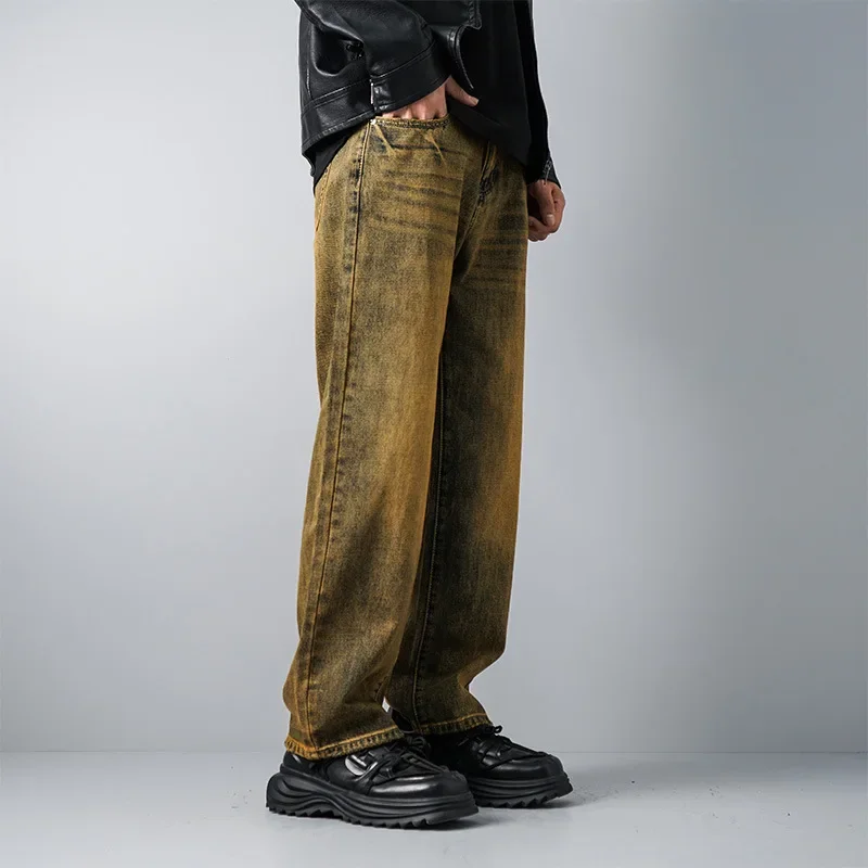

LIBIELIY Four Seasons Men's American Heavy Duty Vintage Washed Yellow Mud Color Loose Wide Leg Jeans Pants Straight Trendy Deni