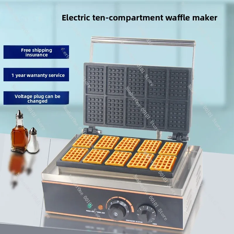 

Commercial ten-slot waffle maker with double-sided heating, electric and mechanical hot plates, and upper and lower pressing pla