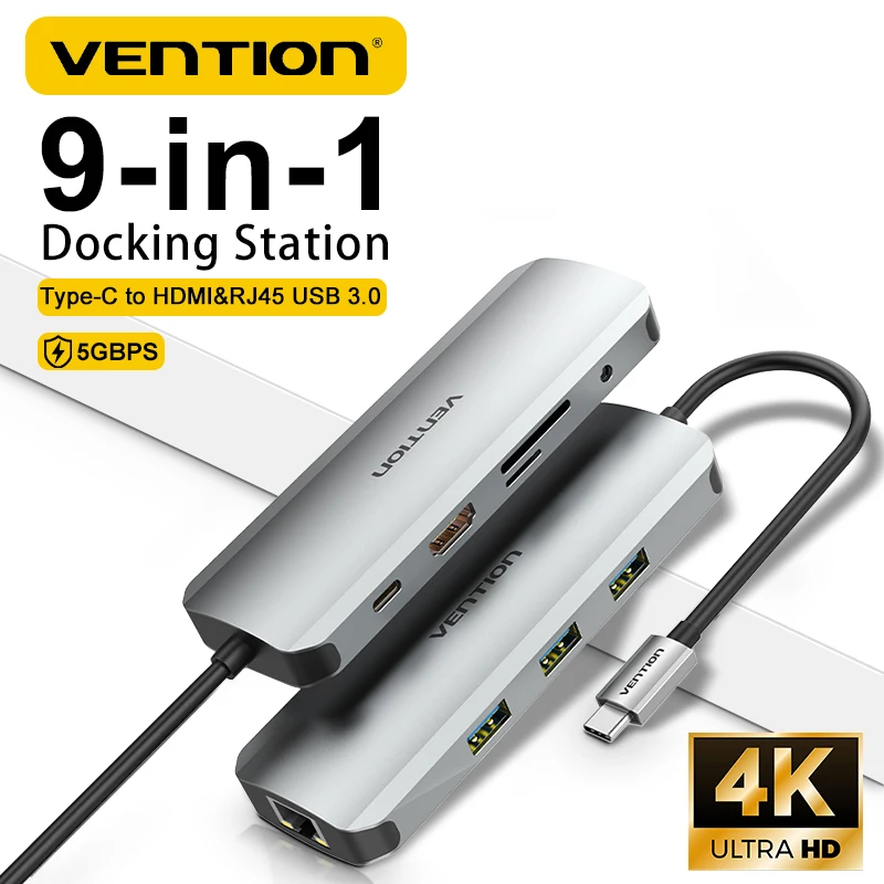 Vention 9-in-1 USB 3.0 Hub Type-C to HDMI Multiport Adapter 4K60Hz SD&TF RJ45 Ethernet For MacBook Pro Laptop Desktop PC Splitte