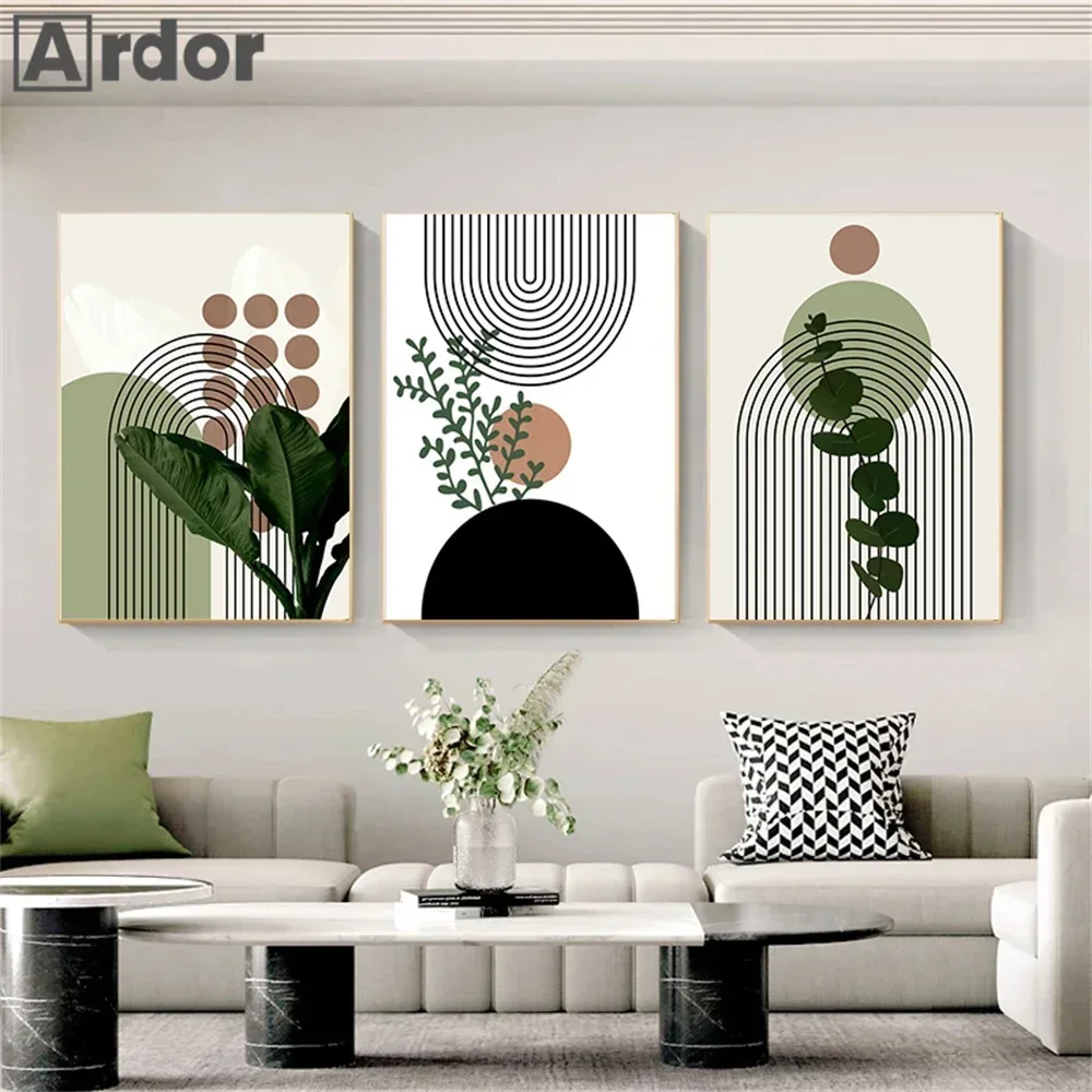 

Modern Abstract Geometric Line Wall Art Posters Boho Green Plants Leaf Canvas Painting Minimalist Print Pictures Home Decoration