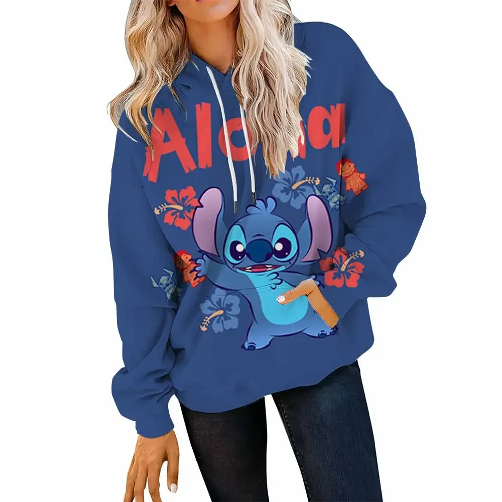 Bluza z kapturem na jesień i zimę, luźny krój, długi rękaw, nadruk Disney Stitch, jesień-zima, rozmiar plus size, zapinana na zamek, transgraniczna.
