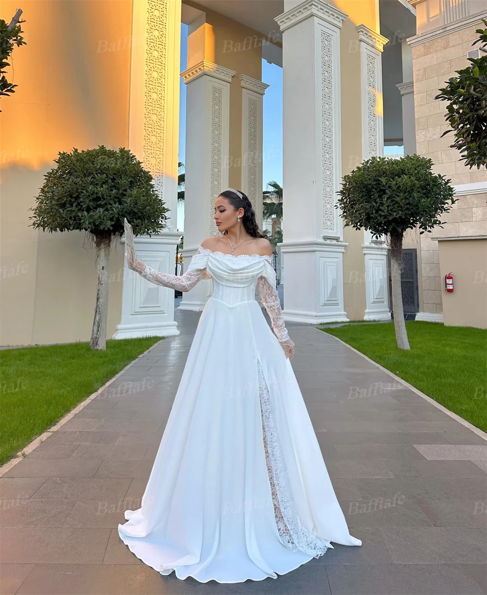 바프타페 맞춤형 새틴 레이스 웨딩드레스 아랍 스타일 긴 소매 신부 드레스 코르셋 백 포멀 파티 신부 촬영 드레스