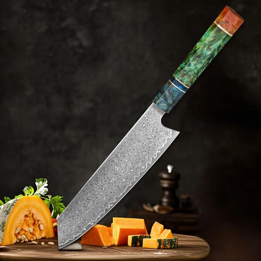 8-Zoll-Kochmesser 67 Schichten VG10 Damaststahl Küchenmesser Stabilisierter farbiger Holzgriff Professionelle japanische Kiritsuke Kn
