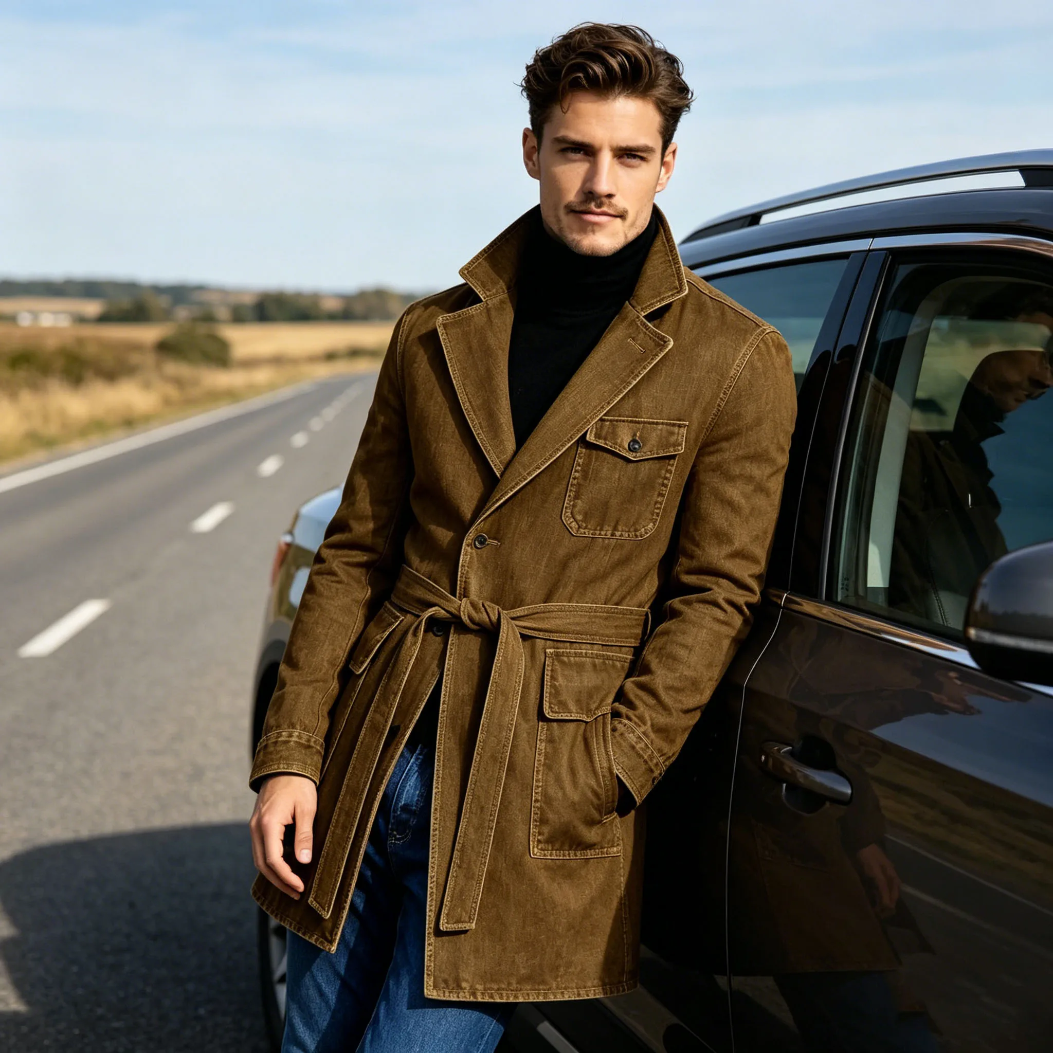 Men's Brown Denim Trench Coat Retro Slim Fit With Waist Belt Notched Lapel Flap Pocket Casual Washed Jean Jacket For Streetwear image 2