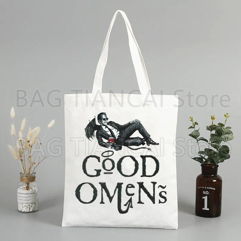 Good Omens To The World Shopper Bags for Women Resuable Tote Bag Harajuku Large Capacity Shopping Bag Anime Printing