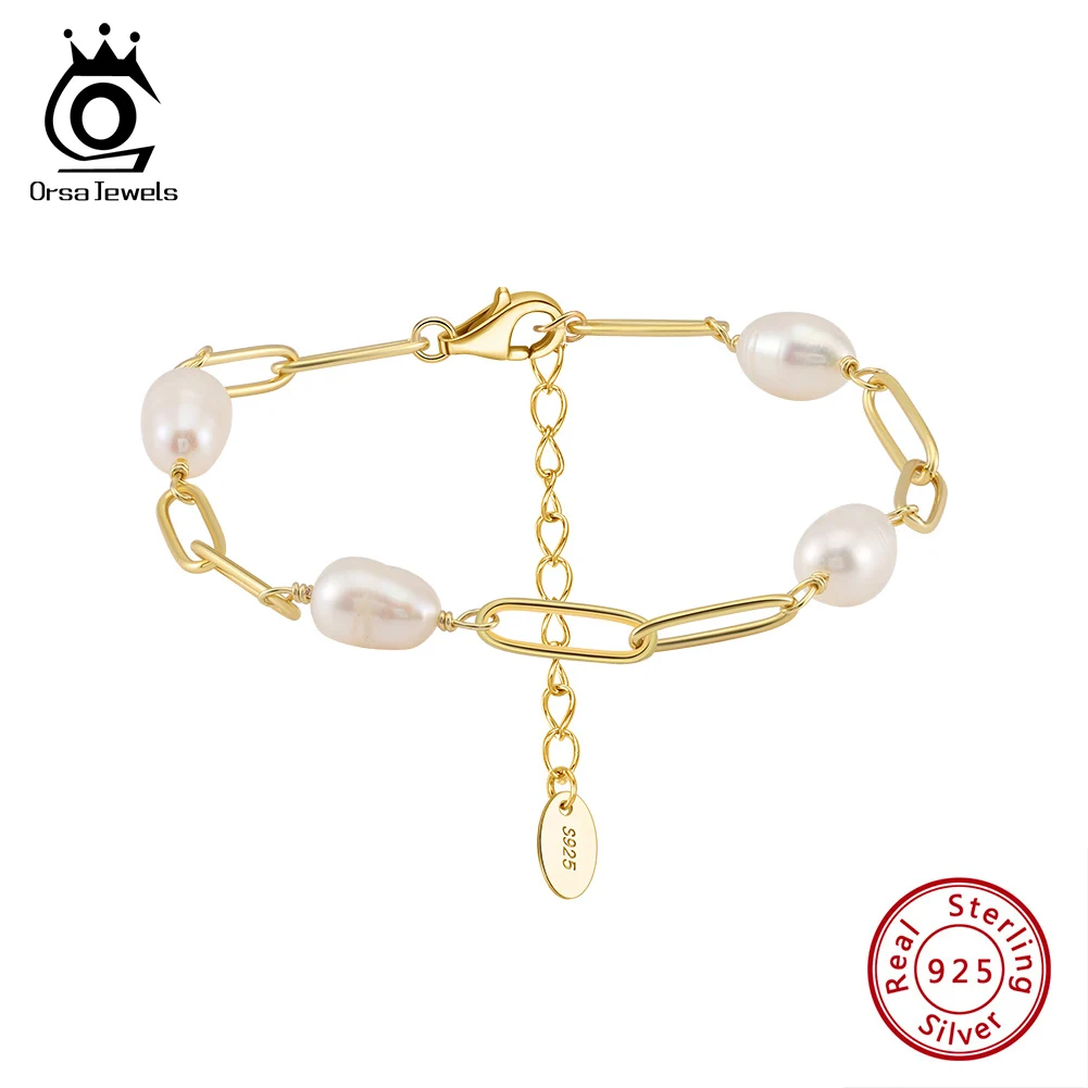 

ORSA JEWELS 925 Sterling Silver Exquisite Freshwater Pearl Bracelet Baroque Pearls Chain Bracelet on Hand Accessories GPB39