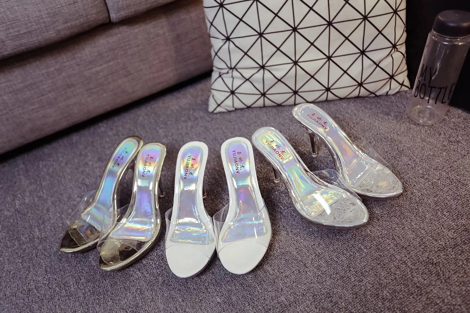 2024 Summer Women Sexy High-heeled Cool Slides Slippers Female Transparent Crystal Waterproof Sandals Thick Fish Mouth Sandals