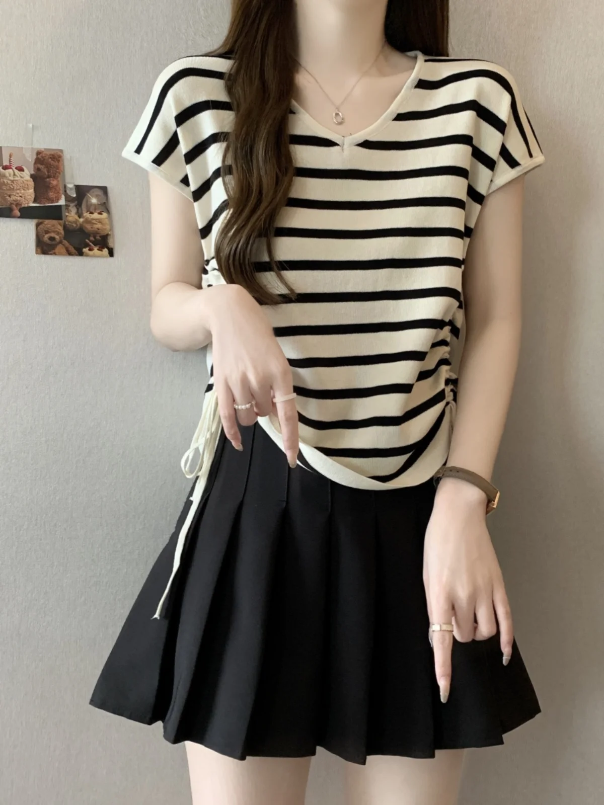 

plus Size V-Ne ort Sve Ice Silk Knitted Top Women Summer Loose Fit Dstring Bal T-irt Sweet Sle Princ Cut