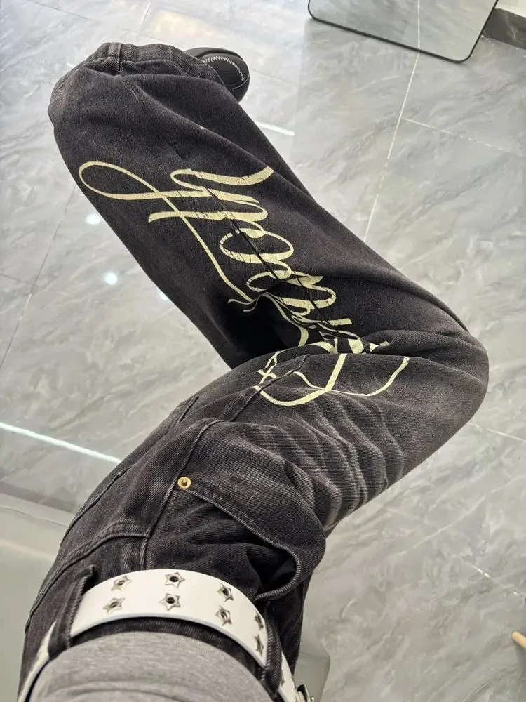 

High Street Y2k Jeans for Men Letters Print Wide Leg Jeans Women Streetwear Baggy Pants Hip Pop Denim Pants Men Clothes Unisex
