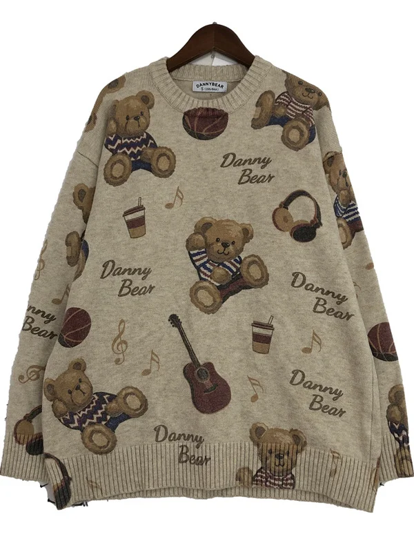 Vintage Women's Knitted Wool Sweater Winter Warm Fce Netie Cartoon Embroidery Street Sle Straight Cut Long Sve Top