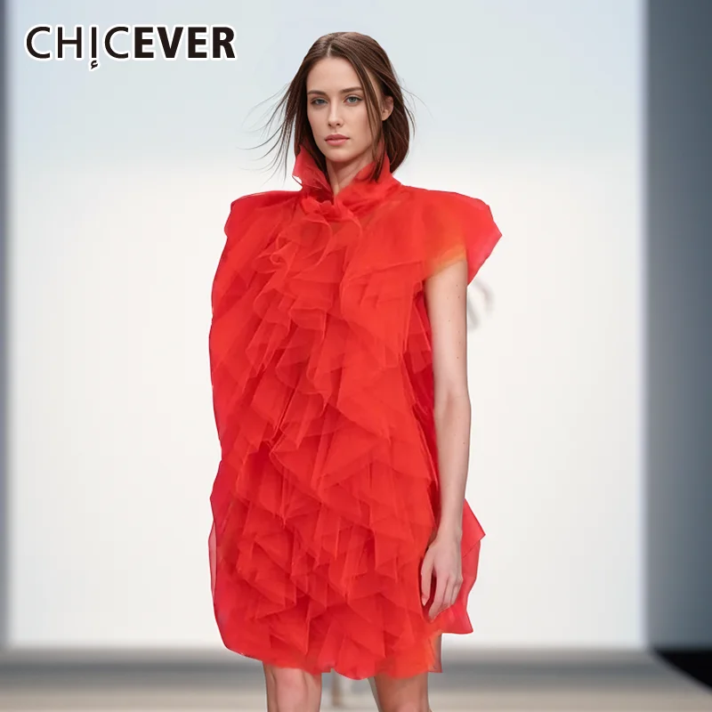 

Elegant Mesh Dresses For Women O Neck Sleeveless High Waist Oversize Solid Patchwork Ruffles Bandage Loose Dress Female designe