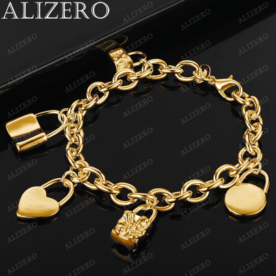 

ALIZERO 18K Gold Bracelet Heart / Circle / Square Lock Bracelets Bangles Woman Fashion Charm Wedding Jewelry Gifts