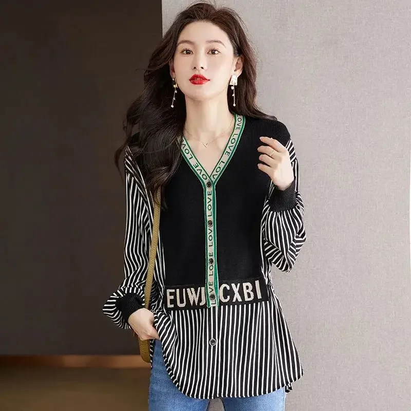 Women Spring and Autumn Fashion Trend New V-Neck Knitted Cardigan Striped Letter Button Splicing Larger Size Long Sleeves Tops