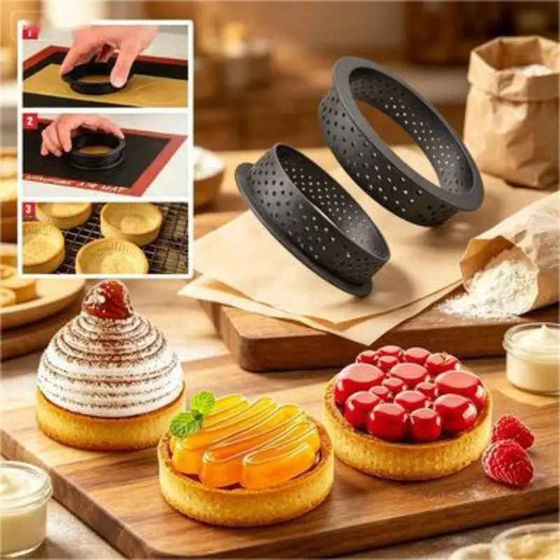 Household DIY Tart Ring Non Stick Perforated Cake Pie Mold Heat-Resistant Mousse Circle Ring Kitchen Baking Tools