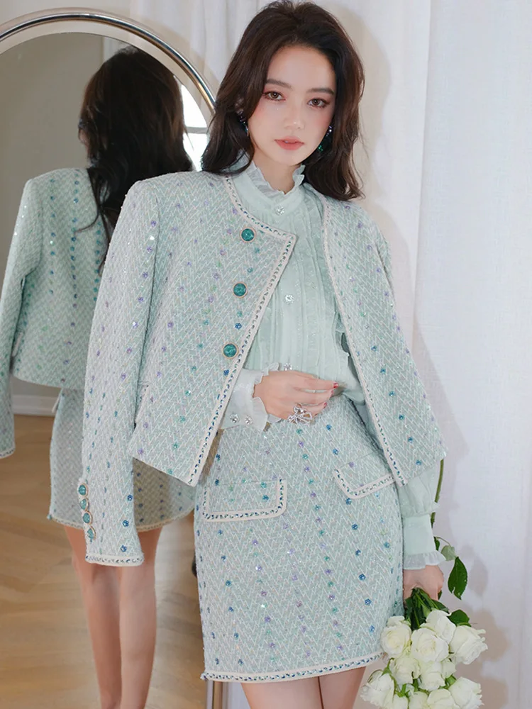 Heavy Industry Luxury Suit Bead Decorative Diamond Two Piece Set Small Fragrant Style Coat+High Waist Half Skirt Elegant Sets