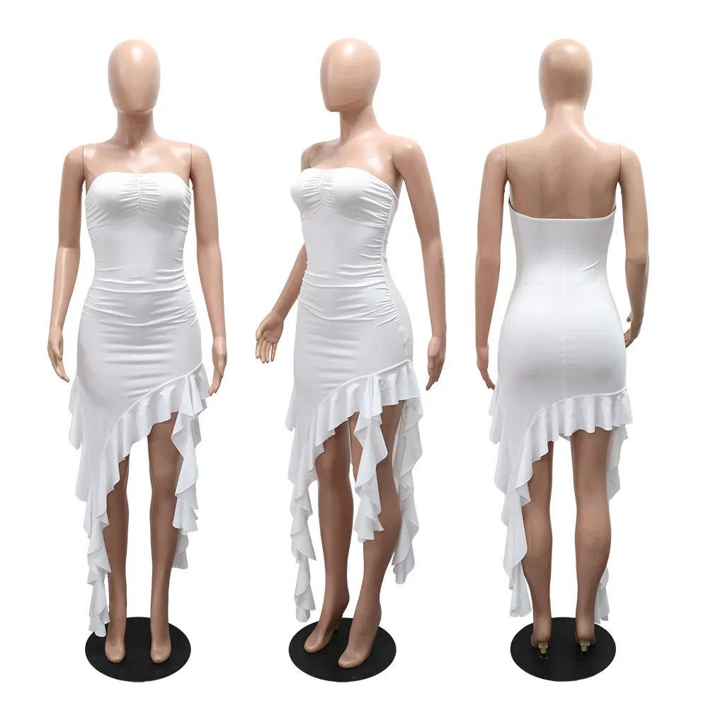 فستان ميدي مثير بدون حمالات مكشوف الأكتاف للنساء فستان شاطئ سبليت مكشكش لصيف 2025 فستان نسائي للحفلات