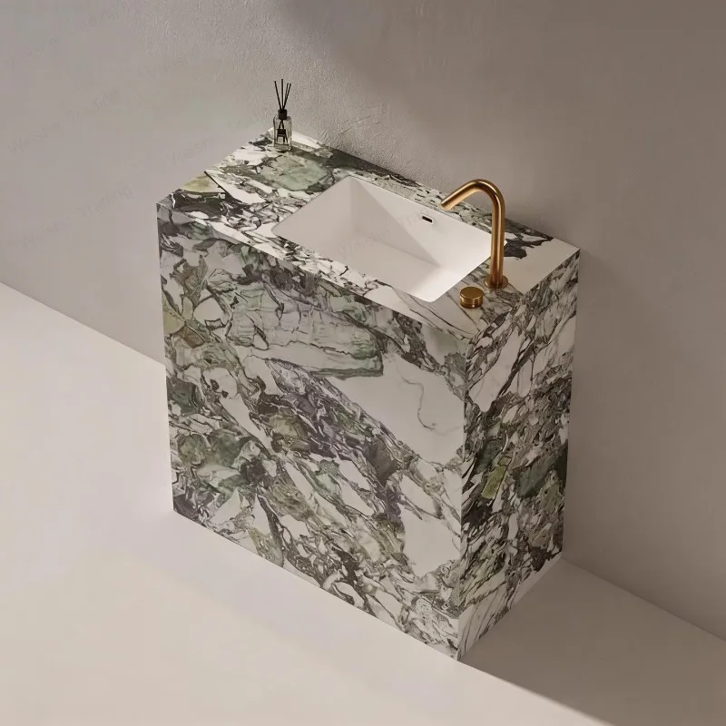 face wash basin Travertine rock slab column Floor-to-ceiling seamless ceramic basin Integrated wash basin Balcony Outdoor