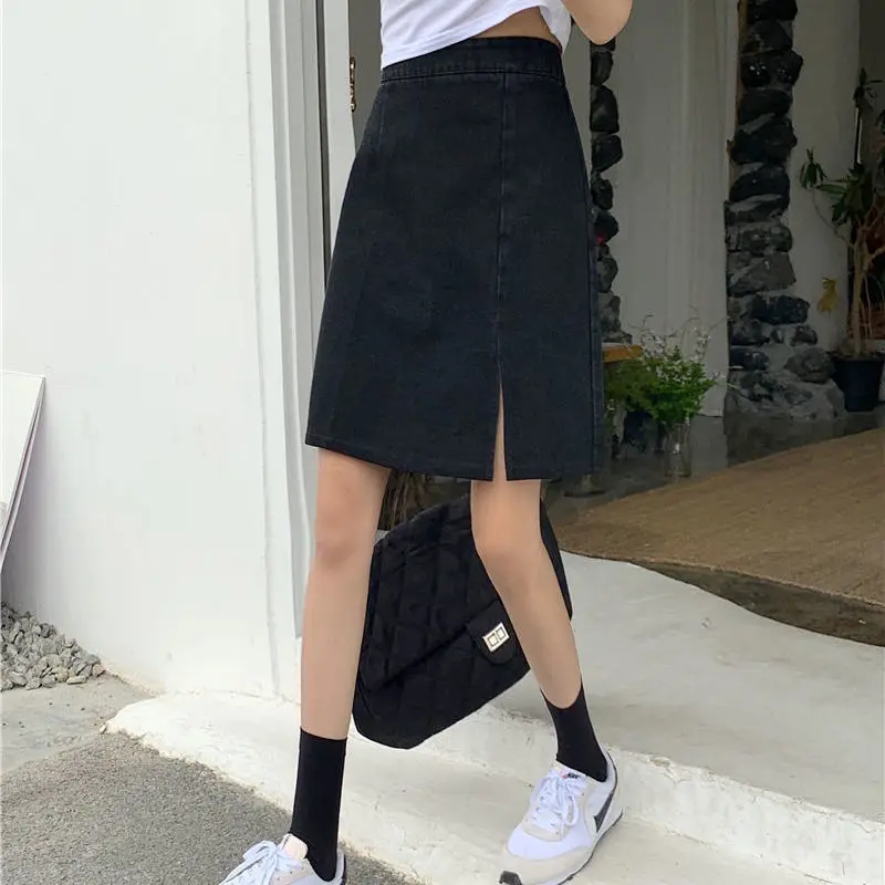 Skirts Women Tender Denim High-waist Summer Trendy A-line Casual Side-slit Korean Style Faldas All-match Friend Streetwear Youth