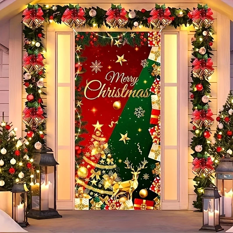 Festive Red and Green Christmas Door Cover: Merry Christmas Banner with Glittery Christmas Tree, Elk, Snowflakes