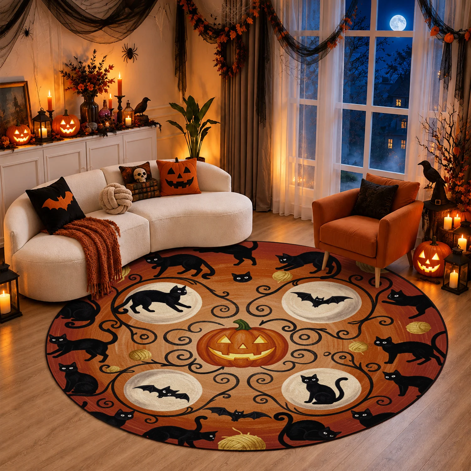 Halloween Black Cat Bat Pumpkin Yarn Pattern Round Velvet Rug Machine Washable Suitable for Living Room Bedroom Dining Area Entryway Halloween Thanksgiving Christmas New Year Black Friday Cyber Monday