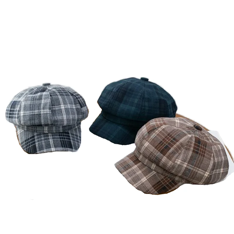 British retro coffee color plaid beret breathable sunshade adjustable literary octagonal hat