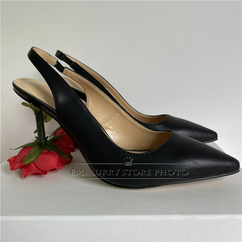 Rose Flower Strange Heel Women Pumps Sexy Pointed Toe Slingbacks Luxury Genuine Leather Slim Dress Shoes For Girls