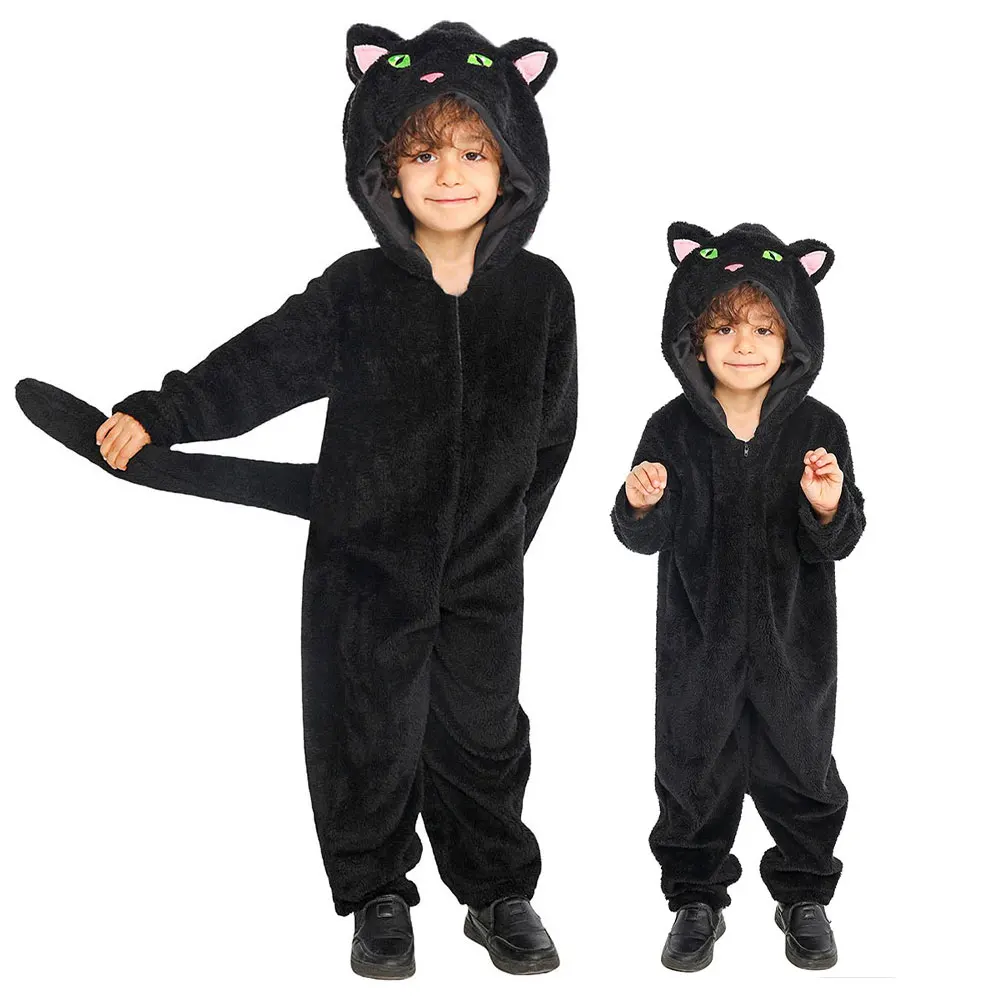 

Umorden Хэллоуин обтягивающий черный кот уютный роскошный костюм для детей для малышей унисекс комбинезон с капюшоном для мальчиков и девочек