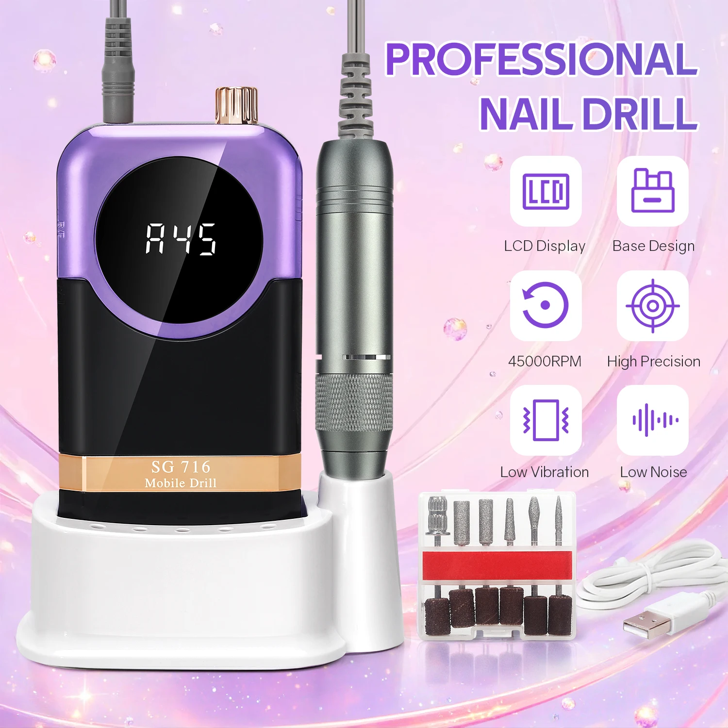 Professional 45000 RPM Nail Drill: High - Speed Motor, 1800mAh Long - Lasting Battery, Portable Design With Belt Clip For Precis