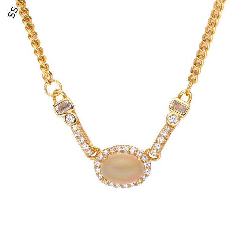 

S925 Sterling Silver Inlaid Natural Opal Pendant Necklace Vintage Light Luxury Palace Style Clavicle Accessories Gold Chain